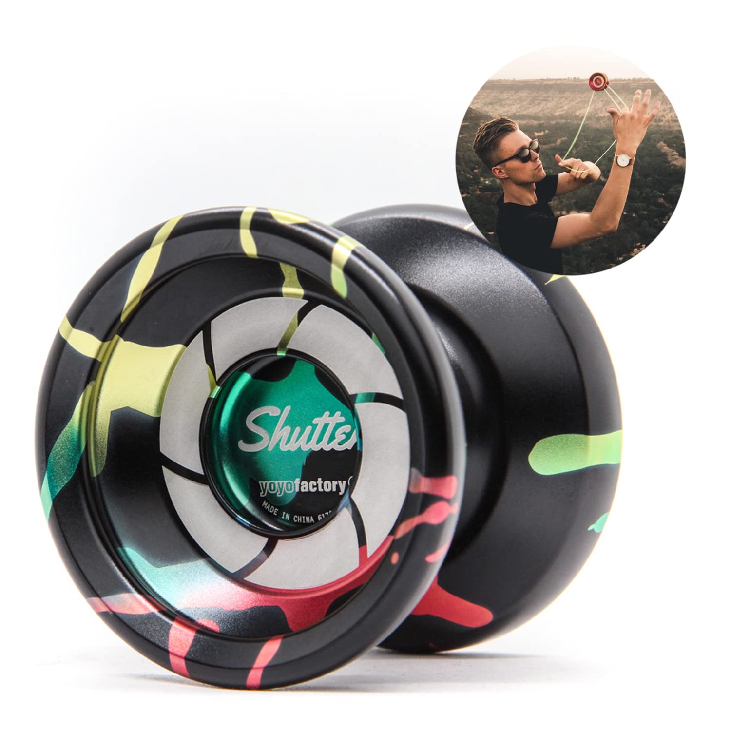 YoYo Factory Shutter Metal Yo Yo – Professional Trick YoYo with Extra Ball Bearing | Unresponsive Magic YoYo Kids, Teens & Adults - Black Rainbow