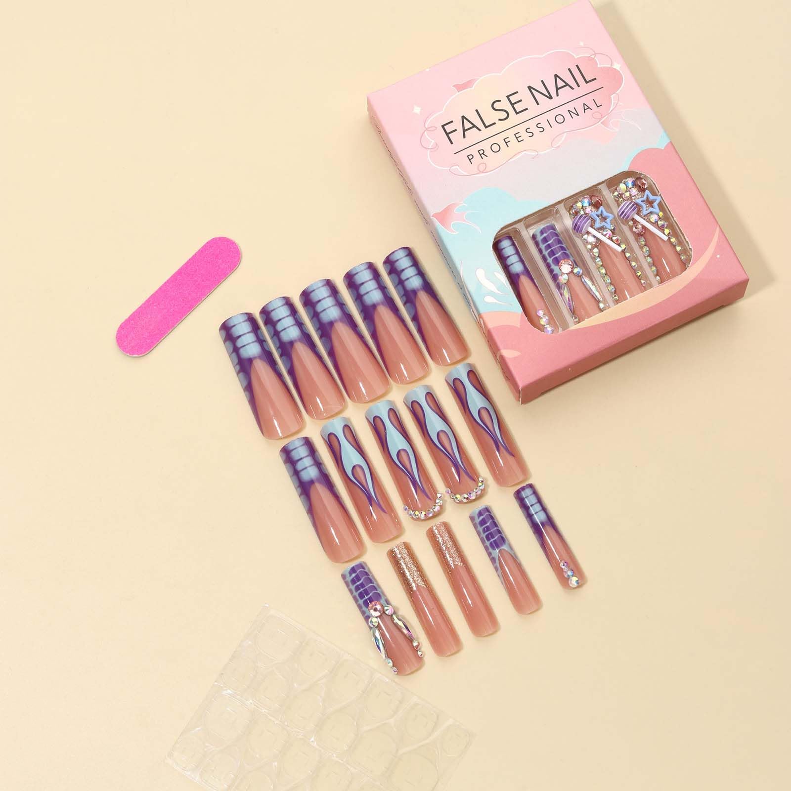 QQPPOLIU Press on Nails Long Square Purple Fake Nails with Design Full Cover Nails (Purple) - Image 5