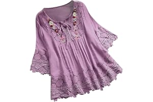 Aniywn Women Round Neck Lace Up Lace Patchwork Flare Pullover Top Casual Plus Size 3/4 Sleeve Floral Printed T-Shirt
