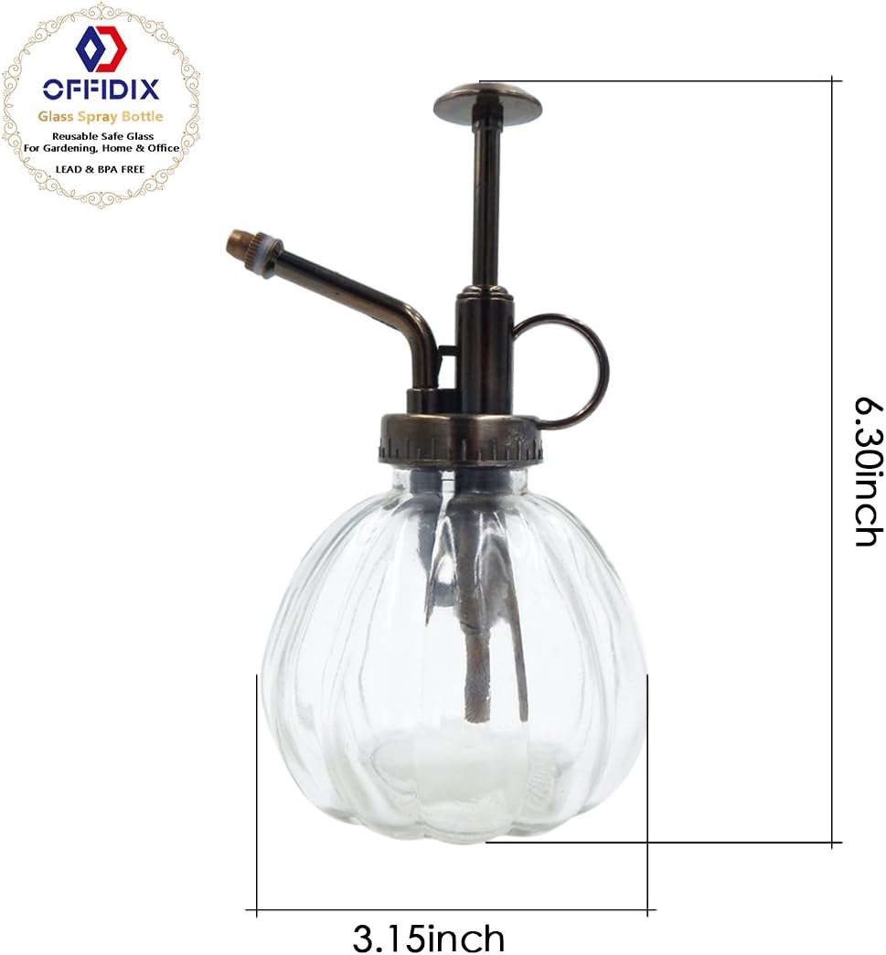 OFFIDIX Transparent Glass Watering Spray Bottle, 6.3 Inches Tall Vintage Style Spritzer Bronze Plastic Top Pump One Hand Watering Can Glass Spary Bottle Plant Mister Glass Watering Can Indoor : Garden & Outdoor