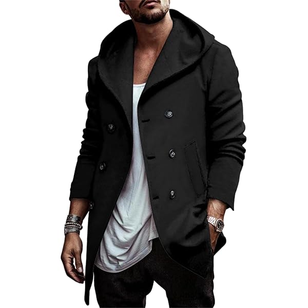 Zeiyignr Men Trench Coat Wool Blend Coats Hooded Long Jacket