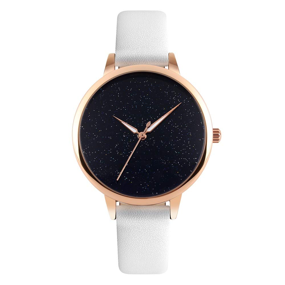 FeiWen Fashion Watch for Women Lady Girl Unique Starry Sky Dial Gold Stainless Steel Case with Leather Band Casual Minimalism Analog Quartz Watches, White
