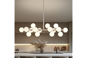 PiWWPi Glass Globe Sputnik Chandelier, 16-Light Mid Century Modern Light Fixture Over Table, Linear Chandeliers for Dining Room, Kitchen Island, Nickel and Milk White Bubble, 40 Inch, GC-02