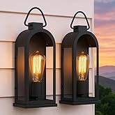 Vintage Outdoor Wall Light Fixtures (2 Pack) - Matte Black Porch Lantern/Exterior Wall Sconce, Glass Shade, Sturdy Metal Fram
