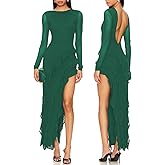 Capuffy Womens Long Sleeves Backless Maxi Dress Mesh Tassel Ruffle Side Split Bodycon Evening Party Dress 350