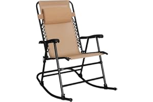 Amazon Basics Outdoor Patio Folding Reclining Lounge Rocking Chair with Pillow, Affordable Folding Chairs for Outside, Beige, 33.6 x 37.4 x 26 inch