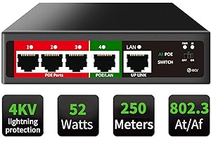STEAMEMO 5 Port AI PoE Switch (4 POE Ports +1 Uplink), 802.3af/at PoE 100Mbps, 52W Built-in Power, Extend to 250Meter, Unmana