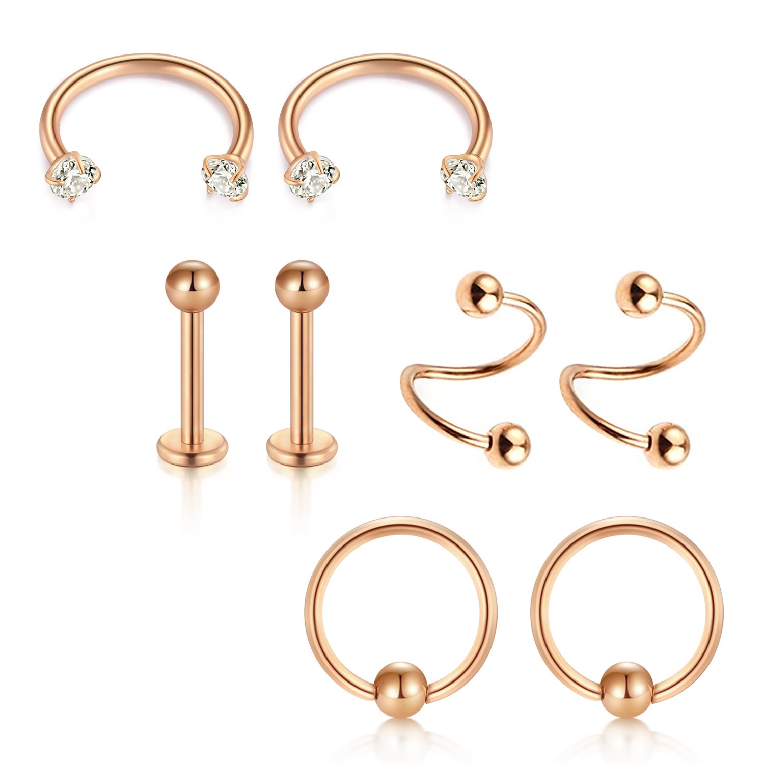 VF VFUN 316L Surgical Steel Horseshoe CZ Nose Ring 16G Lip Eyebrow Ring Tragus Earrings Fake Septum Piercing 8MM 8PCS Rose Gold