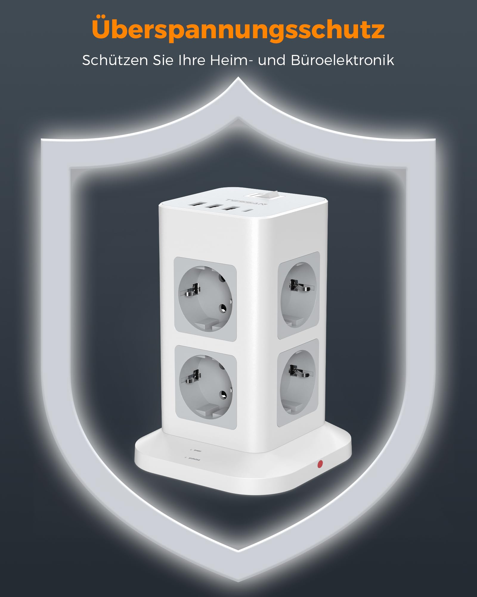 TESSAN 8 Fach Mehrfachsteckdose mit USB C, Verlängerungskabel 5M mit 4 USB und Steckdosenleiste Überspannungsschutz, 3600W Steckdosenturm mit Schalter, Steckdosenwürfel für Büro, Grau 4