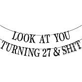 Black Glitter Look at You Turning 27 & Sh*t Banner, Happy 27th Birthday/Level 27 Unlocked/Cheers to 27 Years, Funny 27th Birthday Party Decorations Supplies