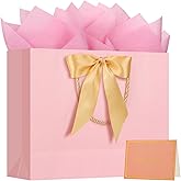 1PCS Gift Bags with Ribbon and 1 Greeting Cards 2 Tissue Paper, Large Portable Paper Gift Bag with Handles, Birthday Gift Bags, Present Bags for Christmas Wedding (Pink)