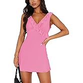 MIYIEONZ Women's Sexy V Neck Sleeveless Backless Ruffles Dress for Women Elegant Mesh Party Fitted Cocktail Mini Dresses