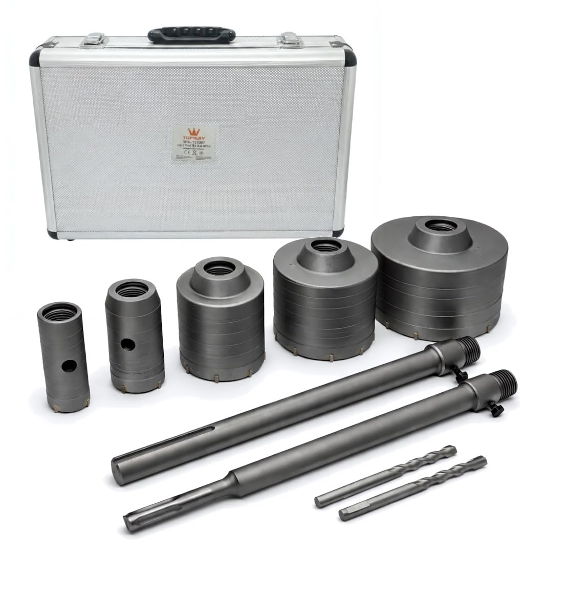 TOPWAY TCT Core Drill Bit Set 9 PCS, SDS Plus & SDS Max Shank, 30–100mm Hole Saw Kit for Concrete, Brick, Stone & Cement, Heavy Duty Masonry Cutter with Aluminium Case, Model 122592