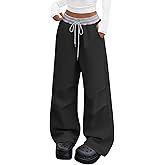 Oakgarden Women's Wide Leg Track Pants Y2K Color Block Waistband Sweatpants Low Rise Streetwear Trousers with Pocket