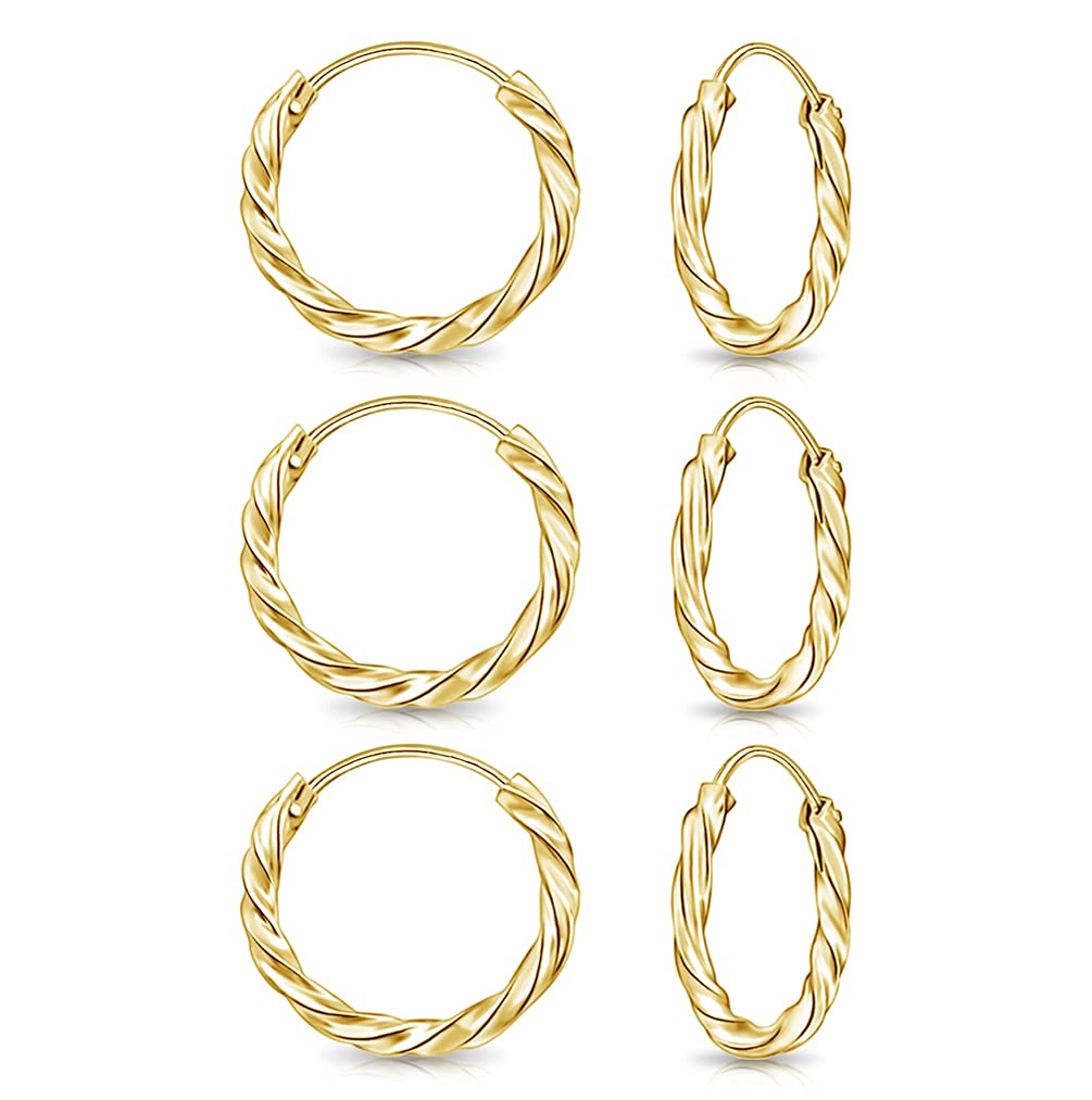 DTPsilver - Set of 3 PAIRS of TINY 925 Sterling Silver Yellow Gold Plated Twisted Hoops/Sleepers Earrings - Thickness 1.8 mm - Diameter 10 mm