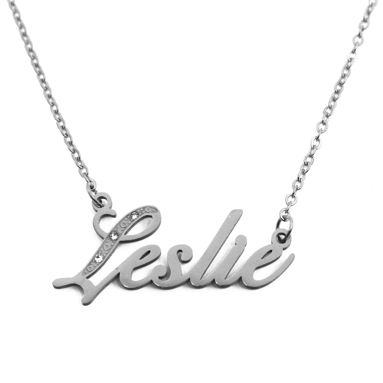 Kigu Leslie Italic Personalised Name Necklace With Cubic Zirconia Silver Tone , Custom Dainty Name Pendants, Jewellery for Ladies, Girlfriend, Mother, Sister, Friends