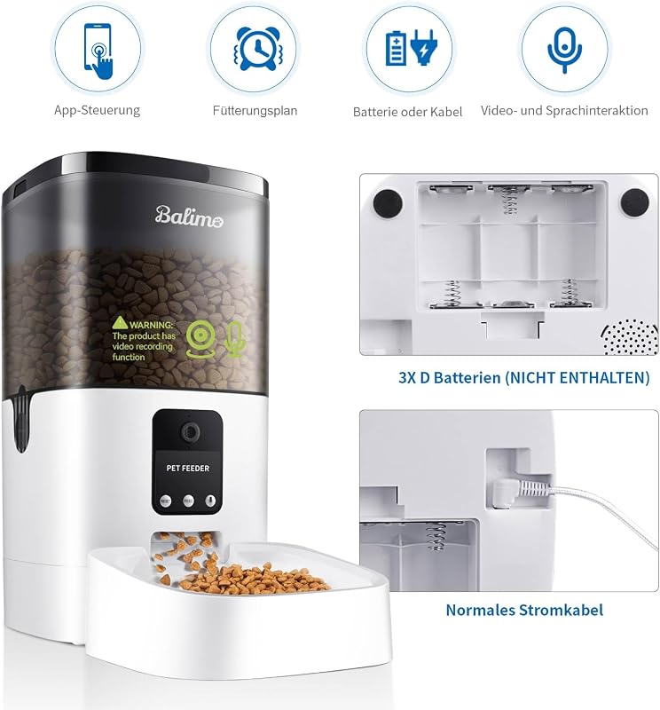 Distributore Automatico Cibo Gatti con Telecamera 1080P, 2.4G WiFi Dispenser Crocchette Gatto, 4L Distributore Automatico Cibo Cani con APP Video Audio Visione, Da 1 a 8 pasti al giorno