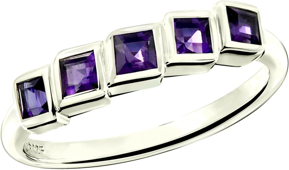 0.85 Carats Amethyst Rhodium-Plated 925 Sterling Silver Stackable Band Ring