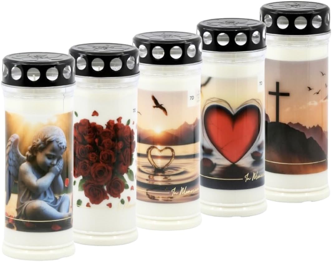 Horeca Candles - Grave Candles with Lid - 7 Days Burn Time - Set of 5 Memorial Lights - Decorated Cemetery & Funeral Candles with Motif