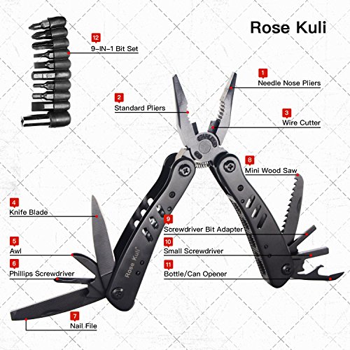 Rose Kuli Multitool Knife Pliers 12 in 1 Portable Pocket Multifunctional Multi Tools with Folding Saw Wire Cutter Mini Screwdrivers Set For Outdoor Camping Survival