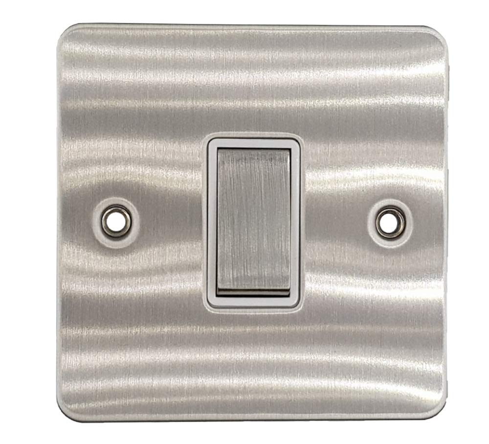 Klite Single Light Switch 1 Gang Flat Plate Brushed Chrome White Insert – Metal Rocker Switches – 10A 1 Gang 2 Way Switch