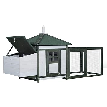Pawhut Poulailler Cottage Multi équipement Perchoir Rampe Pondoir Enclos Tiroir à Déjection 196l X 74l X 98h Cm Bois Massif Pin Vert Blanc
