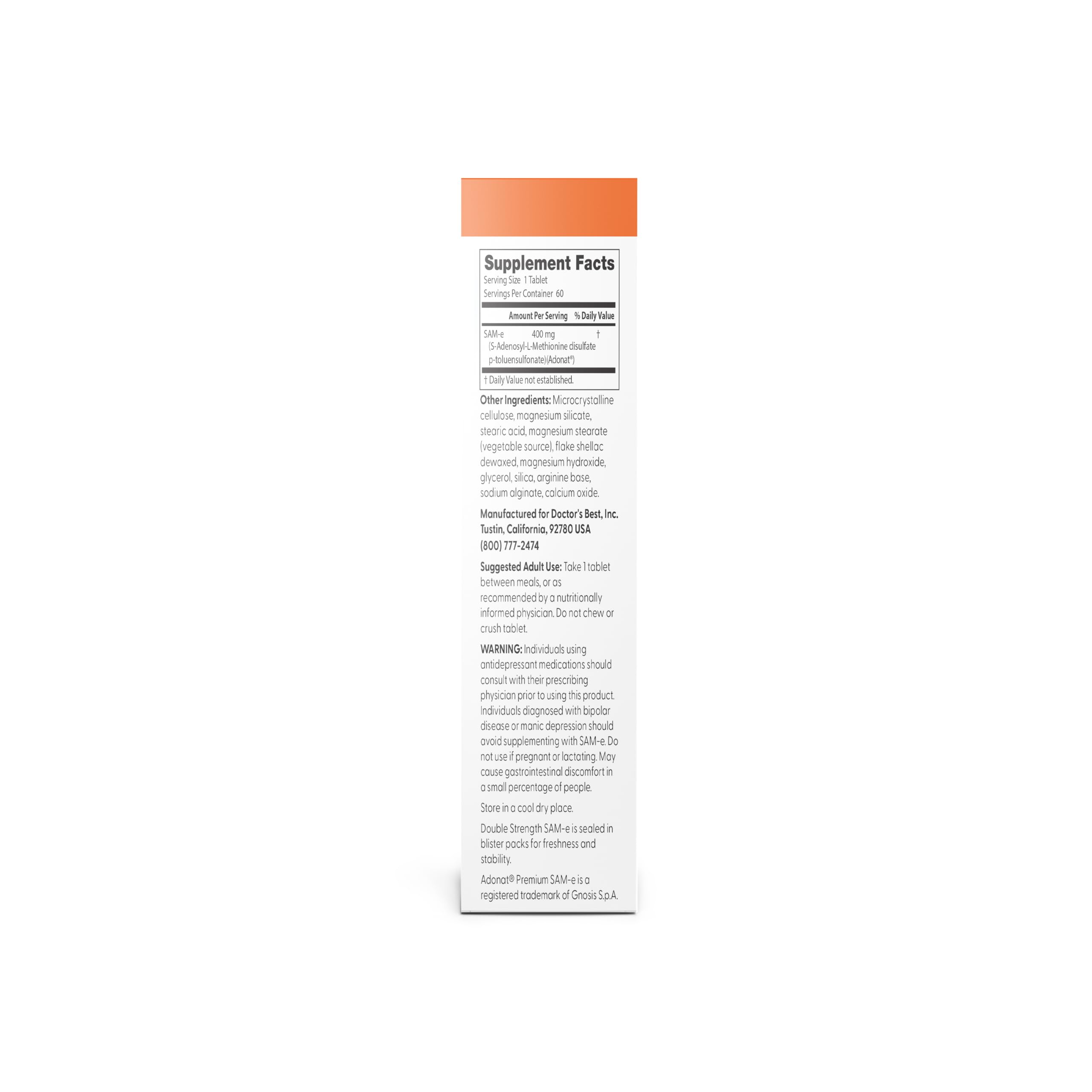 Doctor's Best SAM-e 400 mg, Vegan, Gluten Free, Soy Free, Mood and Joint Support, 60 Enteric Coated Tablets