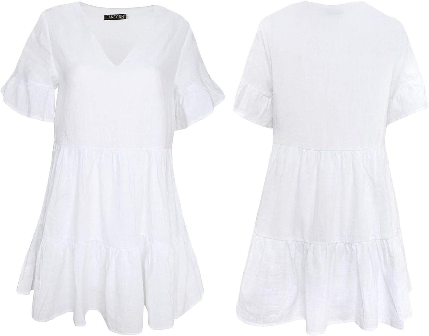 FANCYINN Women’s Cute Shift Dress with Pockets Fully Lined Bell Sleeve Ruffle Hem V Neck Loose Swing Tunic Mini Dress at  Women’s Clothing store