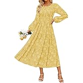 ZESICA Women's Fall Boho Floral Midi Dress 2026 Casual Long Sleeve Crewneck Flowy Wedding Guest Long Dresses