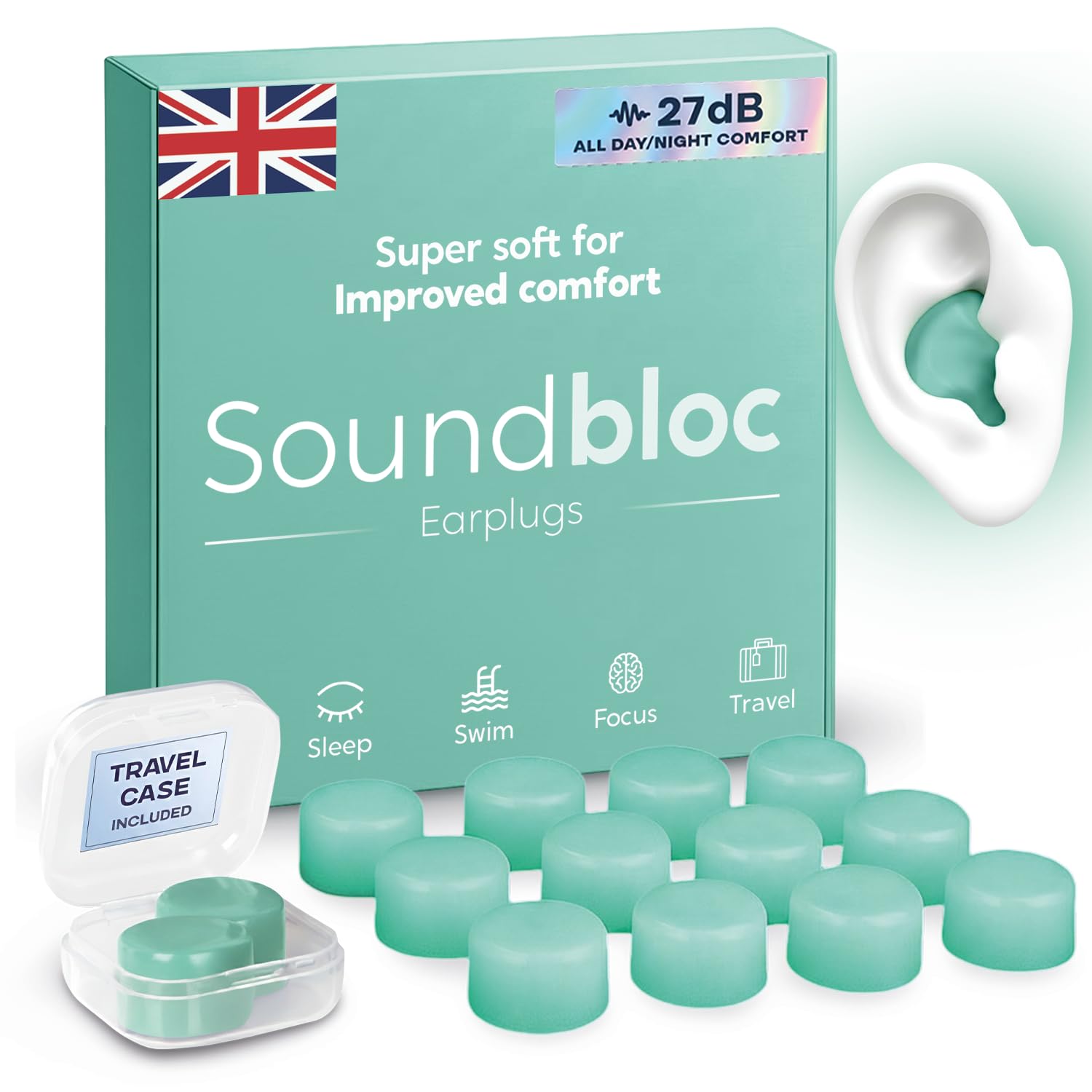 Soundbloc Earplugs™ Aurora (6 Pairs) – Reusable Super Soft Silicone Ear Plugs Noise Reduction for Sleep Focus Travel – Hearing Protection Swim Water Sports – Custom Fit 27dB Noise Cancelling