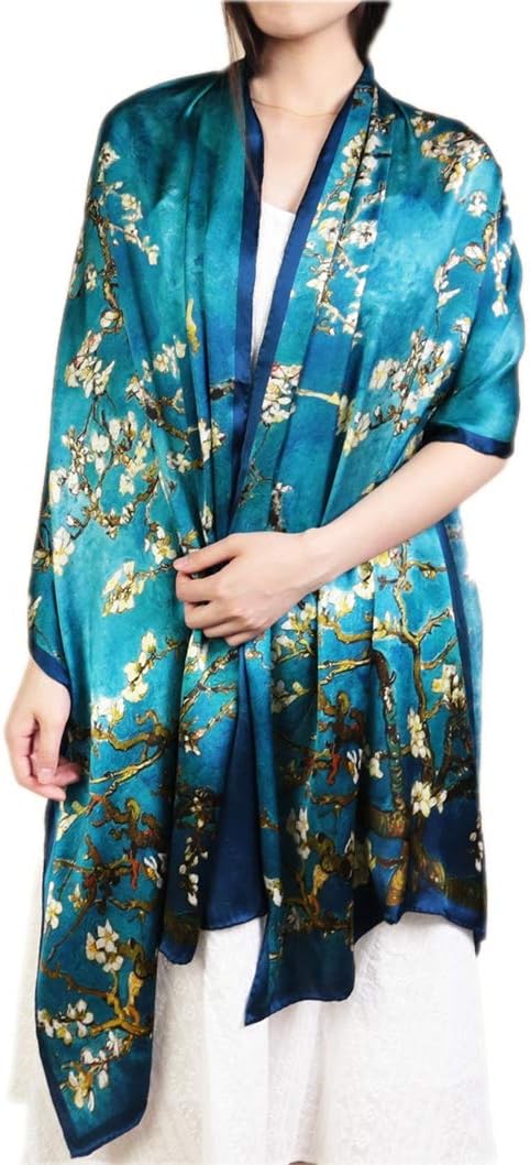 Silk stole blue XXL oversize van Gogh almond tree branches