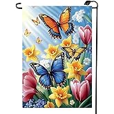 Spring Daffodil Garden Flags 12x18 Double Sided, Small Burlap Outdoor Butterfly Floral Garden Flag Spring Summer Decorations for Outside Home