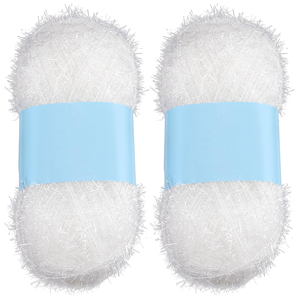GORGECRAFT 200m 2 Rolls Sparkle Scrubby Yarn Bundle White Metallic Scrubby Polyester Scrub Eyelash Yarn for Dishcloths Knitting Weaving Crochet Doll Hat Cleaning Tool Craft Project