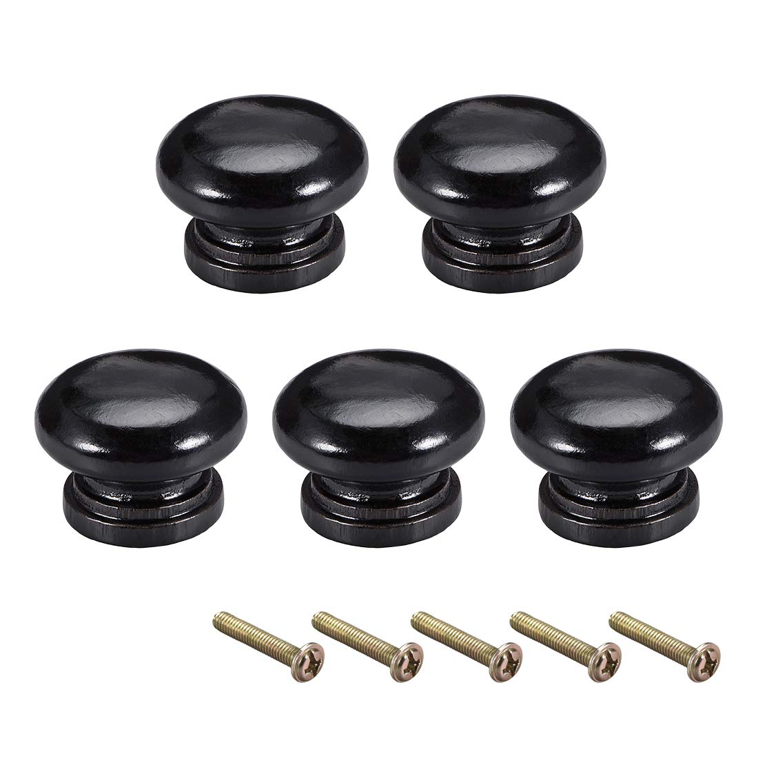 sourcing map Round Wood Knobs,5Pcs 34mm Dia Cabinet Furniture Kitchen Pulls Handles for Dresser Drawer Wardrobe, Black