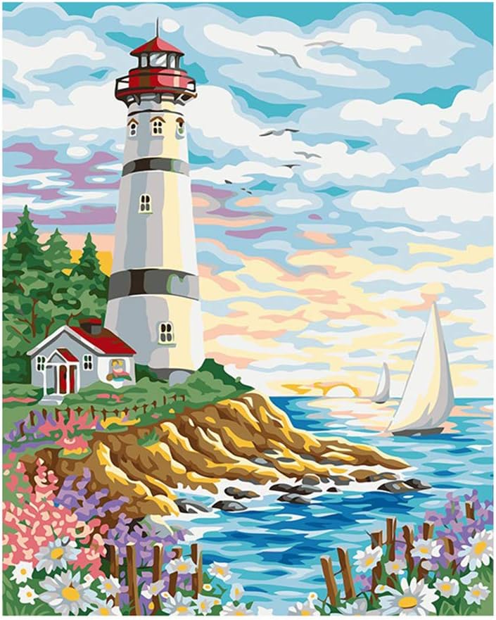 KANGDISON Painting by Number Lighthouse Seaside Sailboat, DIY Paint by Number Kits for Adults Beginners Kids Teens Drawing with Brushes Canvas Acrylic 16 x 20inch / 40 x 50cm