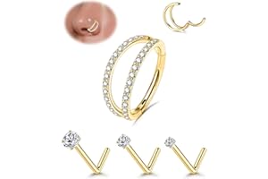 PURBEAUT 18G/16G Nose Rings Hoop and 20g Nose Studs Sets for Women Men, Hypoallergenic 316L Surgical Steel Hinged Clicker Segment CZ Nose Hoops Double Hoop Nose Ring Septum Lip Helix Cartilage Daith Tragus Sleeper Earrings Gold Silver L Shape/Corkscrew Nose Studs Nostril Small Piercing Jewelry, Pack of 4Pcs
