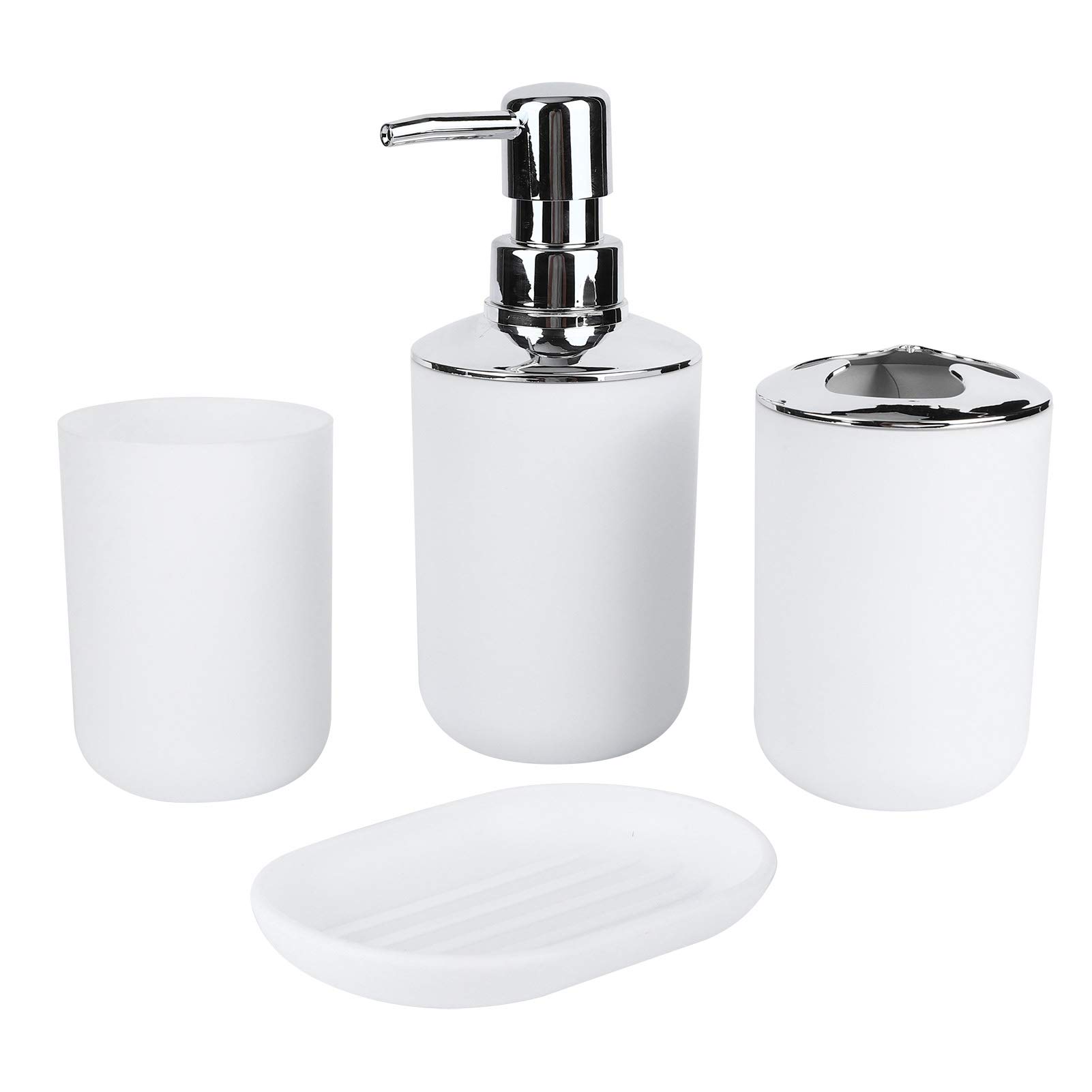 Garosa 4 Piece White Ceramic Bathroom Accessory Set - Includes Lotion Bottle, Storage Cup, Washing Cup, Soap Box & Dispenser