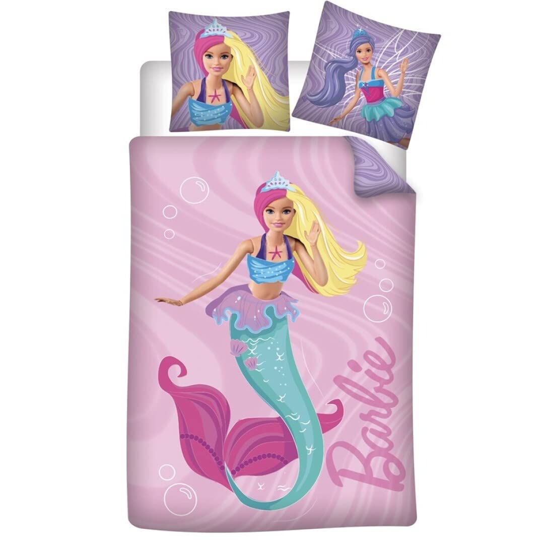 AYMAX S.P.R.L Barbie Mermaid Bedding Set, 100% Cotton, Pink Reversible Duvet Cover 140 x 200 cm + Pillowcase 65 x 65 cm (062BB)