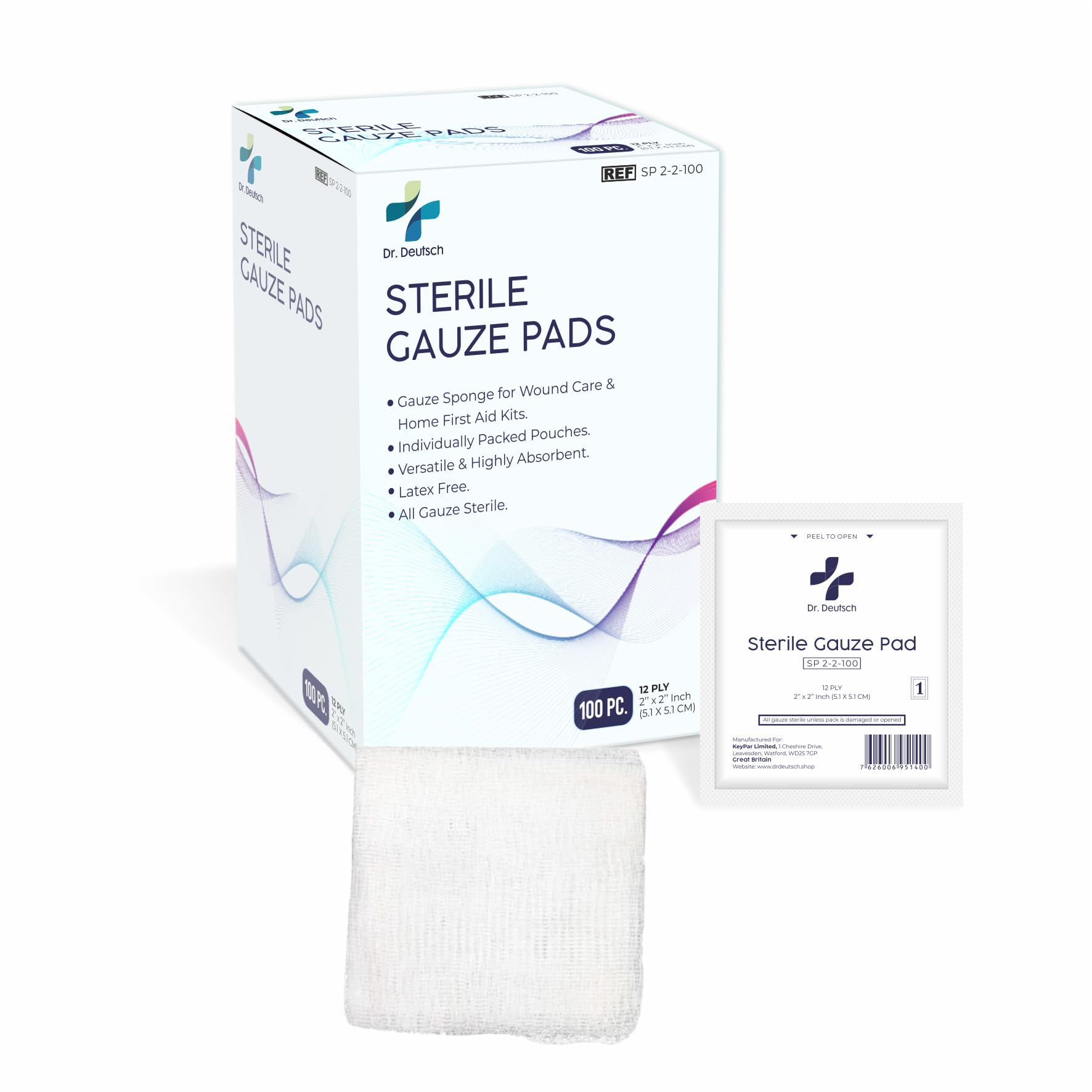 DR. DEUTSCH Sterile Gauze Pads 5 x 5 cm for Wound Dressing Pack of 100 Individually Packed Pouches, 12-Ply Cotton & Highly Absorbent, Gauze Sponge-Pads for Wound Care & Home First Aid Kits