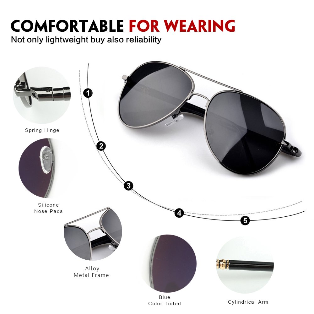 IALUKU Classic Aviator Polarized Sunglasses Pilot Cylindrical Temple UV400 Lens (Grey / Grey, 57)