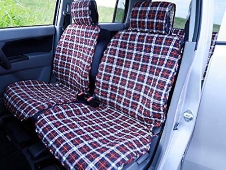 Amazon 汎用軽自動車シートカバー 赤チェック柄 フロント2枚セット 本体サイズ 55 幅 115 長 Cm ヘット部分 25 幅 60 長 Cm シートカバー 車 バイク