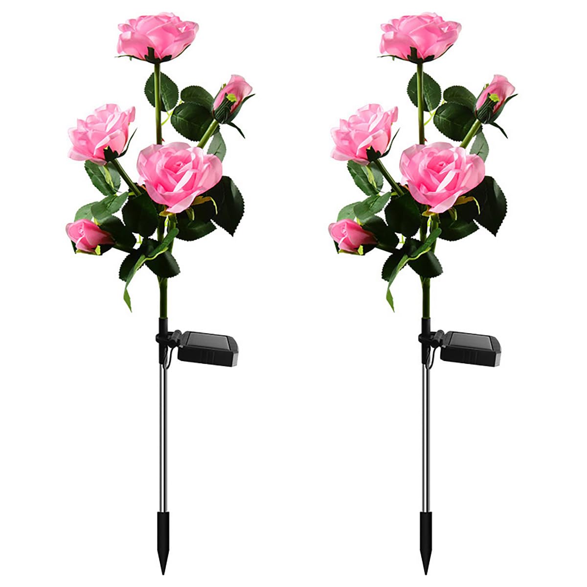 Aolyty 2 Pcs LED Solar Garden Lights, Decorative Waterproof Roses Stake Light, 5 Flowers Outdoor Artificial Ornaments for Grave Patio Pathway (Pink)