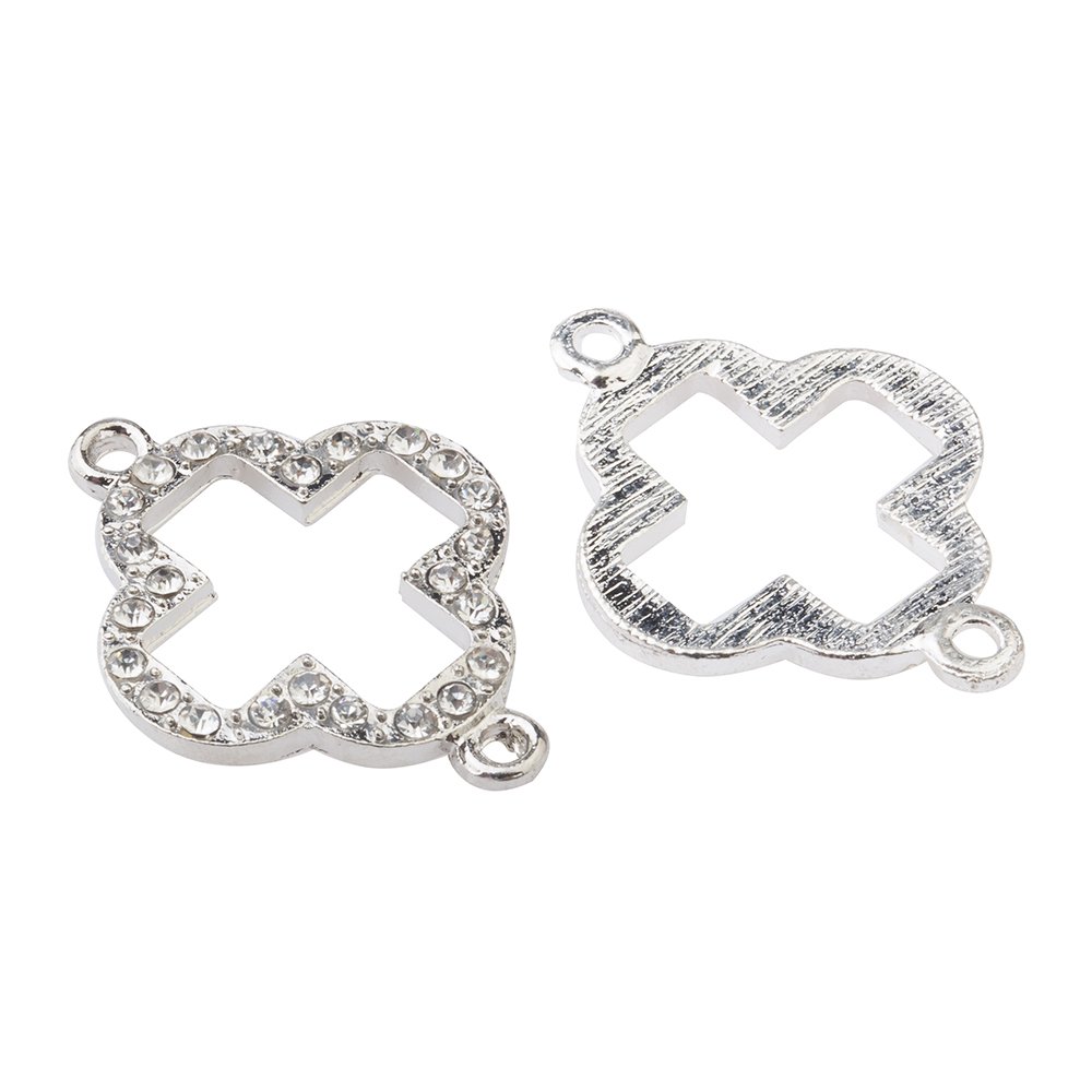 RUBYCA 5pcs Metal Clover Connector Beads Crystal Inlay DIY Jewelry Making Bracelet White Silver Tone