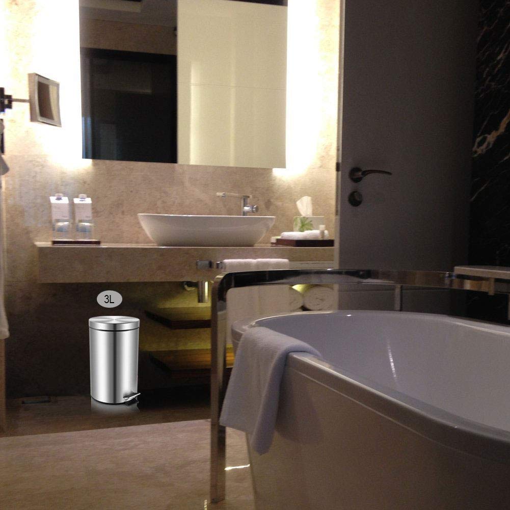 Mini Round Trash Can with Lid Soft Close, Bathroom Trash Can with Removable Inner Wastebasket, Fingerprint-Proof Brushed Stainless Steel, 0.8 Gallon/3 Liter