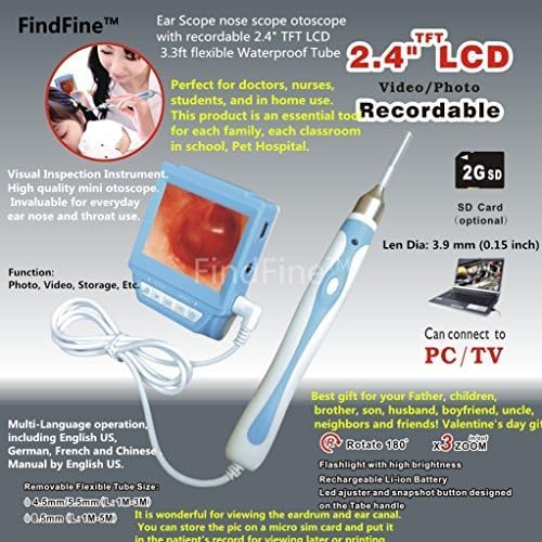 FindFine Ear Scope nose scope otoscope with recordable 2.4″ TFT LCD with a 1m (3.3ft) flexible Waterproof Tube
