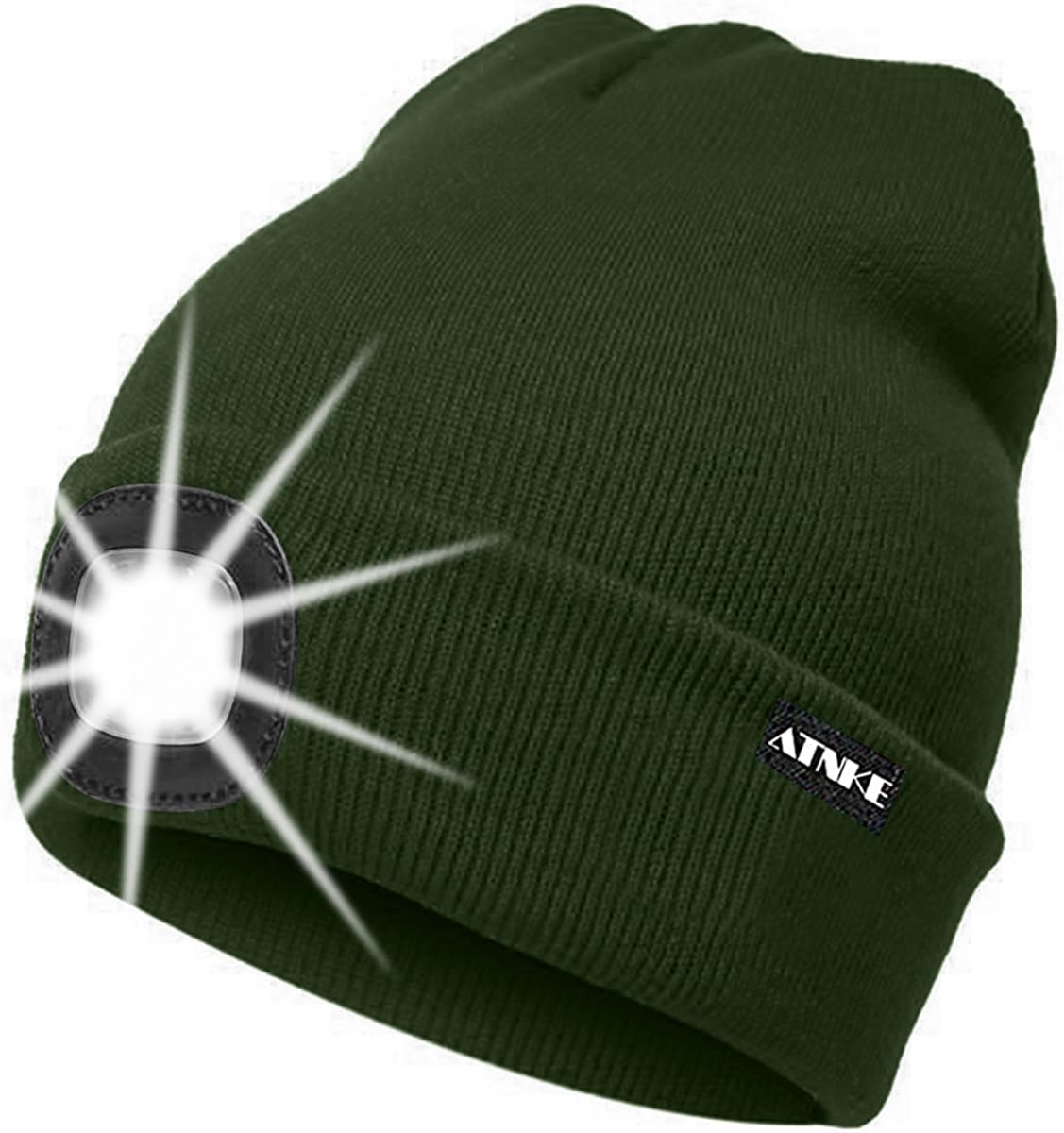 ATNKE LED Lighted Beanie Cap,USB Rechargeable Running Hat Ultra Bright 4 LED Waterproof Light Winter Warm Gifts for Men and Women/Dark Army Green