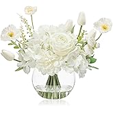 WELL KNOWN Artificial Flowers for Table Decoration Silk Hydrangea Flowers with Vase Fake Flower Arrangements in Round Bowl Vase with Faux Water for Summer Spring (White)