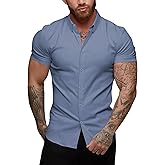 URRU Men's Muscle Dress Shirts Slim Fit Stretch Short Sleeve Casual Button Down Shirts for Men