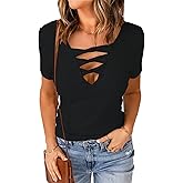Womens Summer Deep V Neck Tops Sexy Casual Short Sleeve Low Cut Out T Shirts Blouse