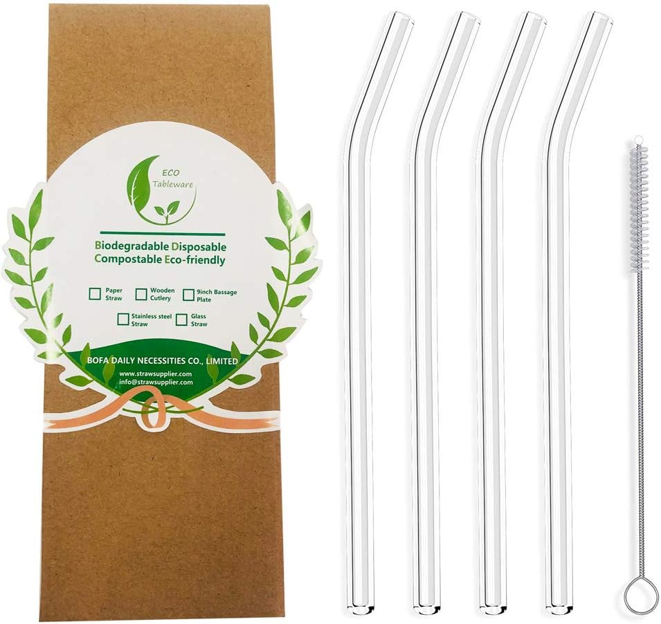 Reusable Clear Glass Straws, Easy Clean Bendy Straws, 4pcs Flexible Glass with cleaner, Transparent Crystal Drinking Reusable For Travel And Smoothie